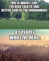 Split screen of green forest and polluted city view; public domain meme environmental activism